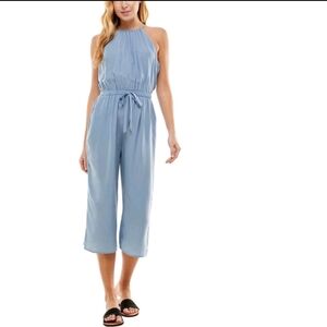 Kingston Grey Cropped Keyhole Back Halter Style Jumpsuit Sz Medium Blue NEW